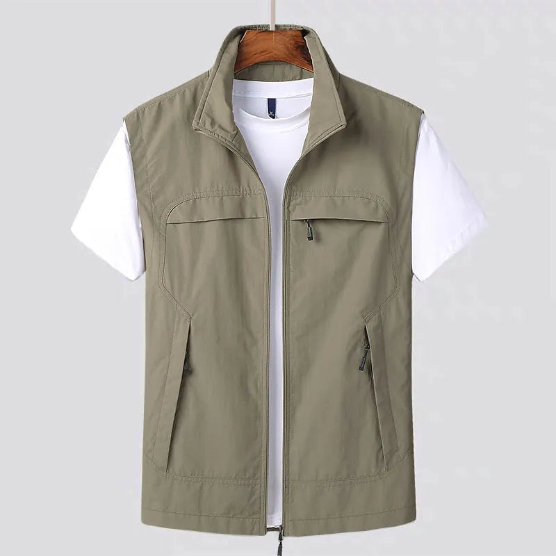 Hooded striped waterproof vest with multiple patch pockets in khaki colour