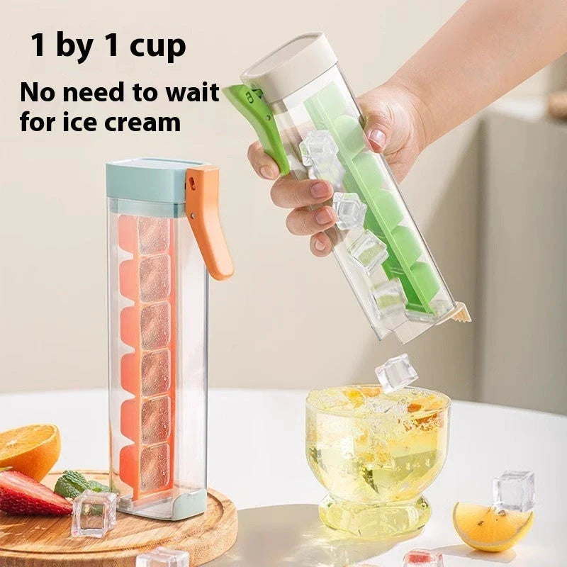Premium one-touch ice cube tray in Maldives color and pearl white, with features like food-grade materials, easy ice cube release, and convenient storage box