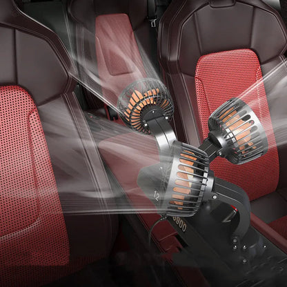 Three-head adjustable 12V car cooling fan with USB and cigarette lighter plugs on a dashboard.