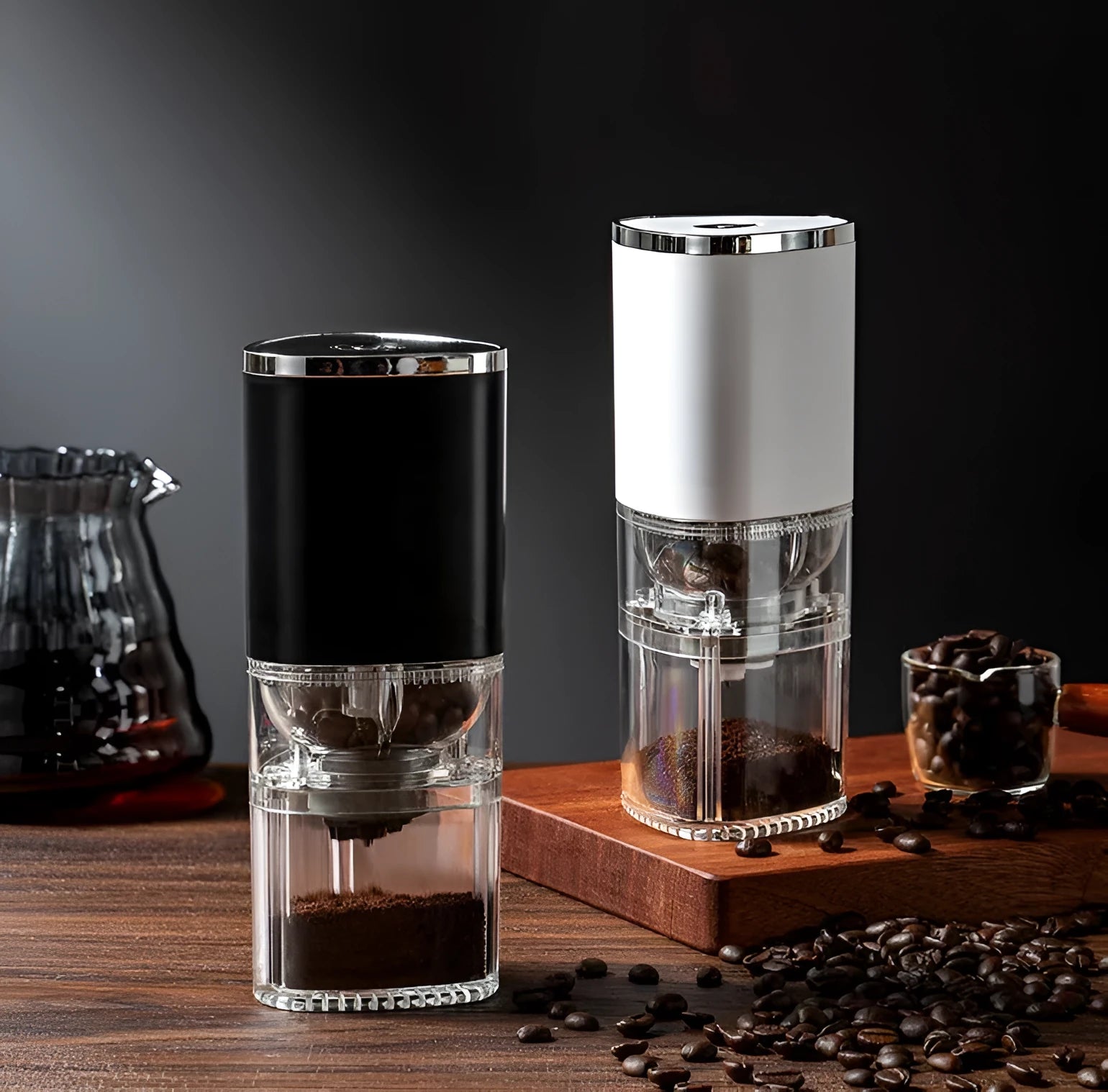 White and black electric coffee grinder with ceramic burr, USB charging port, and adjustable settings dial