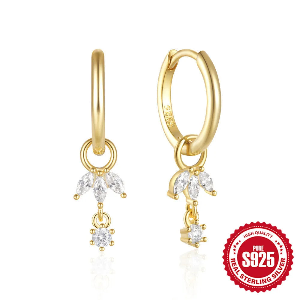 S925 sterling silver earrings with inlaid zircon stones and sunflower geometric design for women