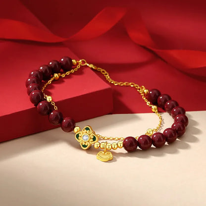 Sterling silver women's bracelet with Ruyi Xiangyun cinnabar flower geometric design