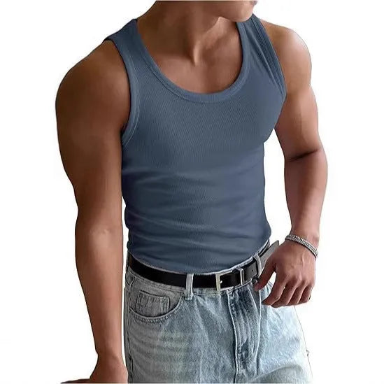 Men's tight-fitting grey sports t-shirt with a round neck, shown flat.