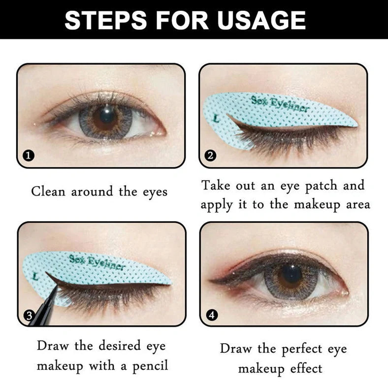 Eyeshadow eyeliner makeup template sticker showing 155mm × 125mm dimensions and non-woven fabric construction