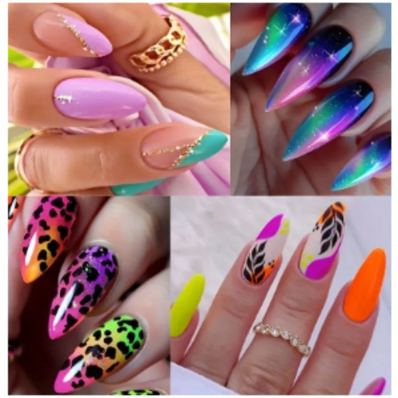 Wear Armour medium almond frosted nail stickers showing four designer patterns including French leaves and leopard print