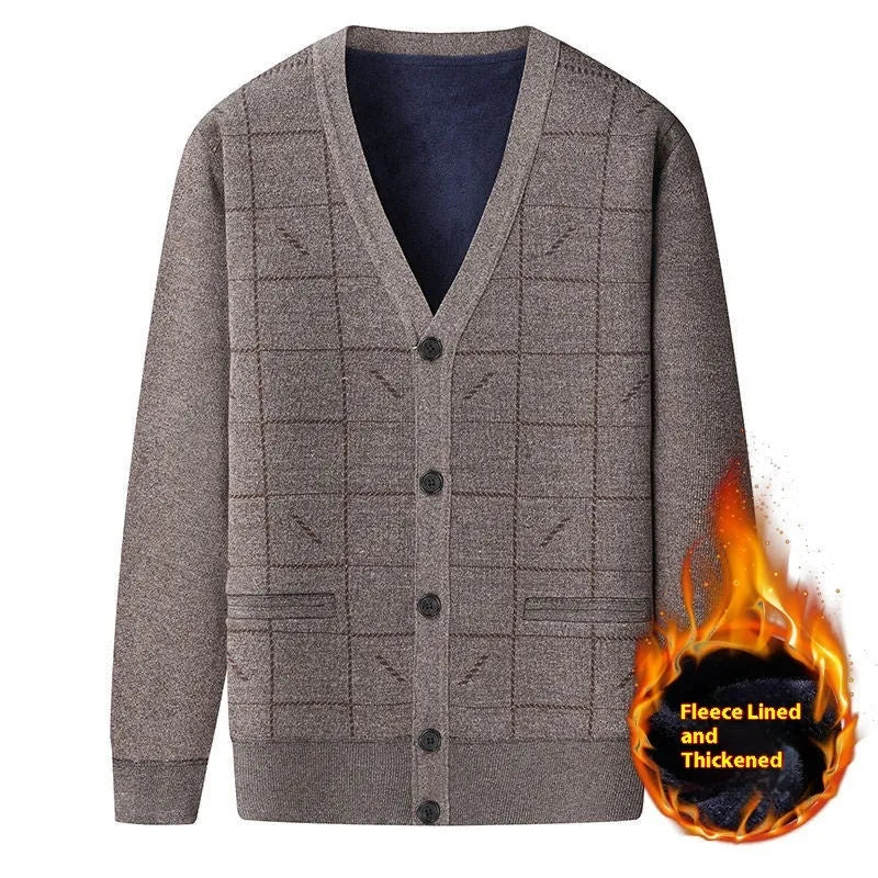 Men's dark grey batwing sleeve cardigan with wool lining shown on a hanger