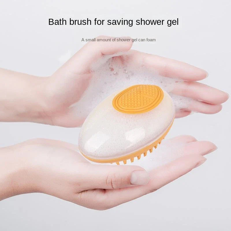 2-in-1 pet grooming brush with soft silicone bristles, shampoo reservoir, and ergonomic grip for bathing and massaging cats and dogs