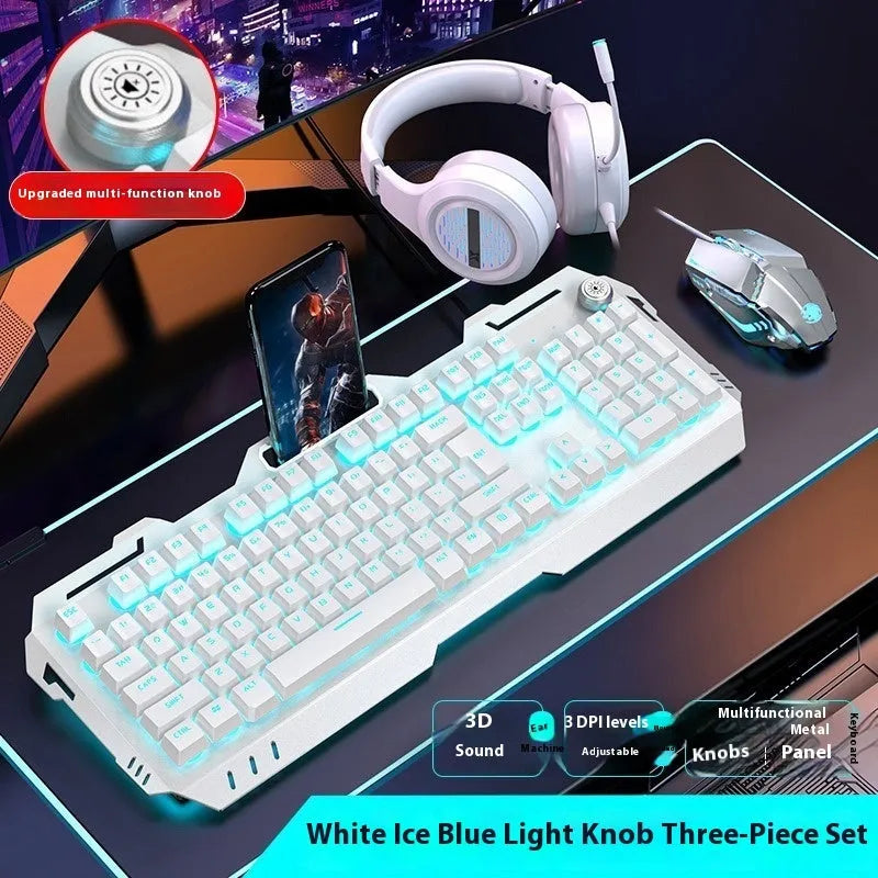 Aluminium alloy mechanical gaming keyboard with rainbow lighting, shown with a macro mouse and gaming headset.
