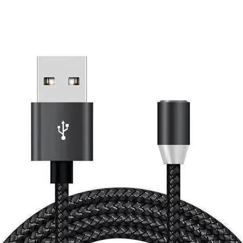 Black magnetic charging cable with connectors for Android, Type C, and Apple devices on a white background