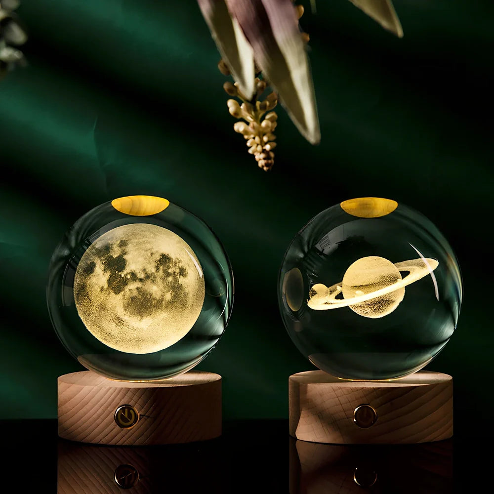Luminous Galaxy Crystal Ball with 3D laser inner carving showing celestial patterns and gradient lighting