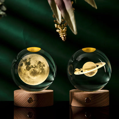 Luminous Galaxy Crystal Ball with 3D laser inner carving showing celestial patterns and gradient lighting