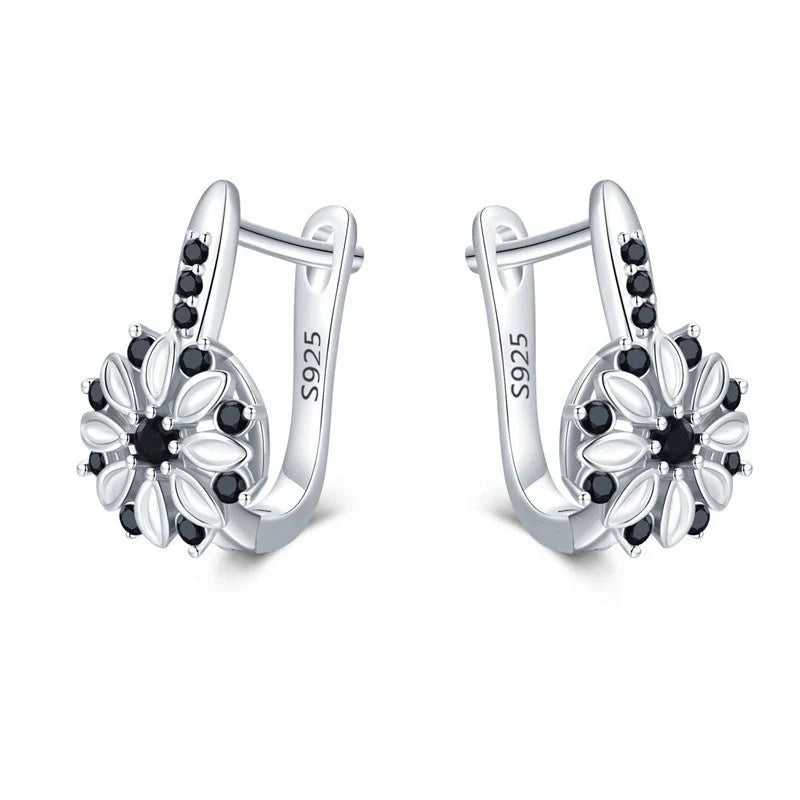 Copper flower ear clips with zircon inlays for women, black colour variant