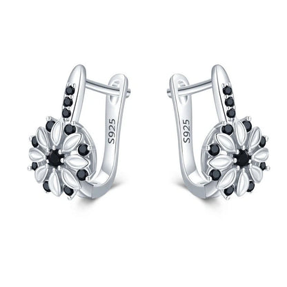 Copper flower ear clips with zircon inlays for women, black colour variant