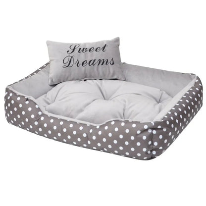 Polka dot print square nest dog bed for small dogs with a removable embroidery pillow in grey, blue, pink, or red.