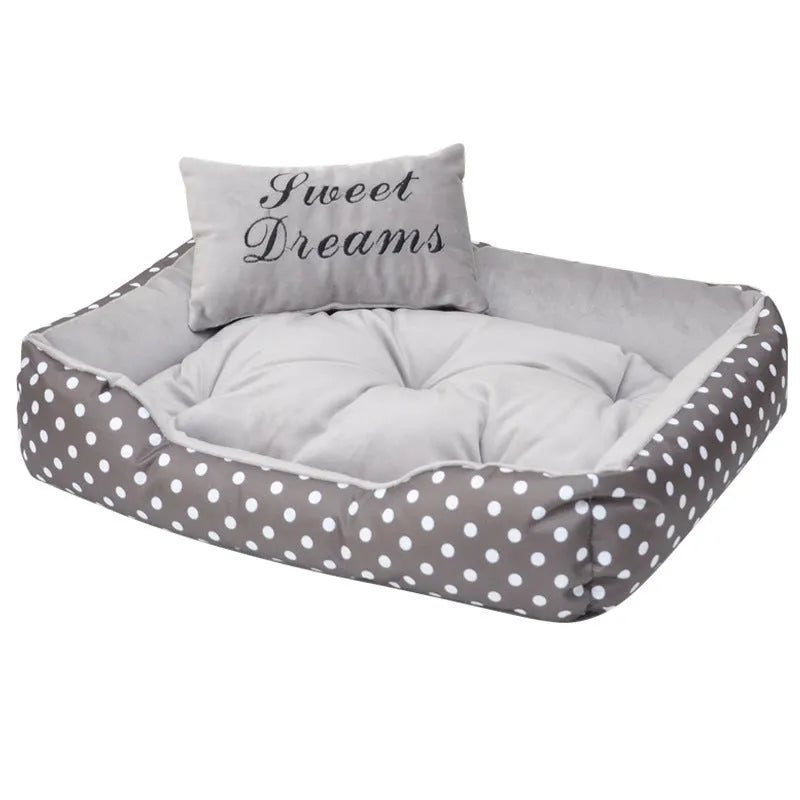 Small dog bed printed four seasons polka dot design with removable pillow, S M L size options (50x40x12cm to 85x60x16cm), soft cloth material in grey lake blue pink rose red colours
