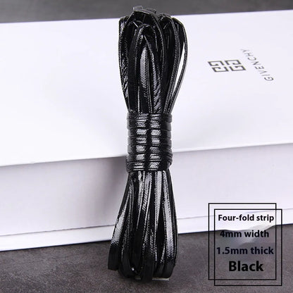 Coiled reels of PU leather craft string in multiple colours including beige, black, red, and blue.