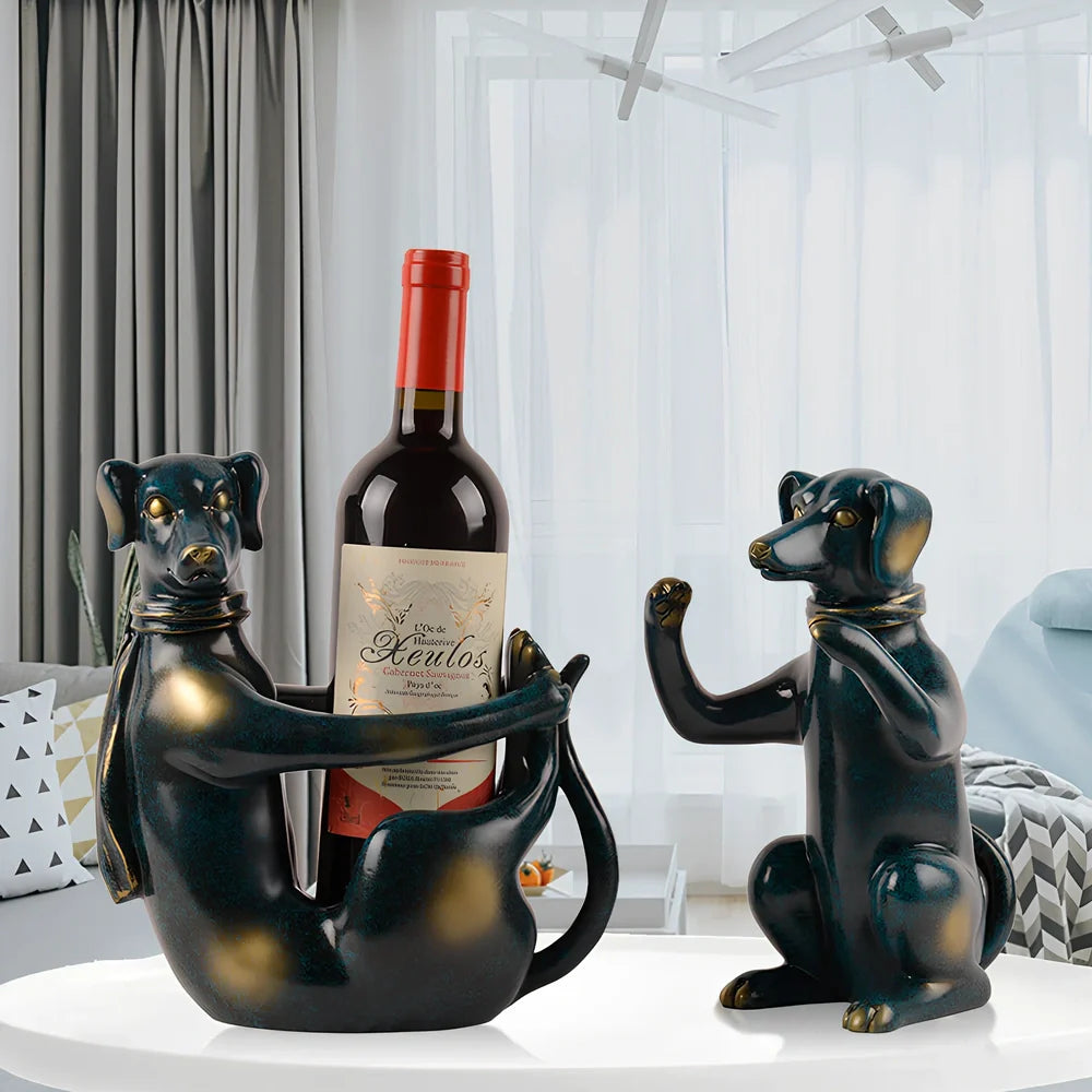 Handcrafted resin dog wine rack in sitting position measuring 23cm tall, storing wine bottle