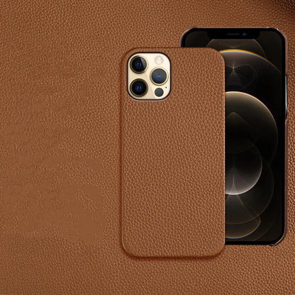 Genuine leather half-wrap iPhone protective case in beige, black, brown, orange, or pink colour.