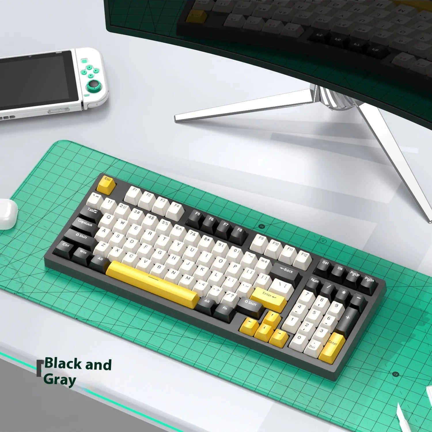 Mechanical keyboard and wireless mouse set in a chosen colour like beige gray or sky blue on a desk.