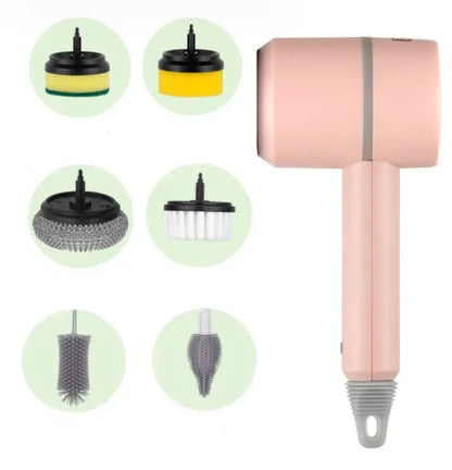 Electric cleaning brush with plastic housing, three brush heads, and 1200mA battery, shown in white, green, or pink