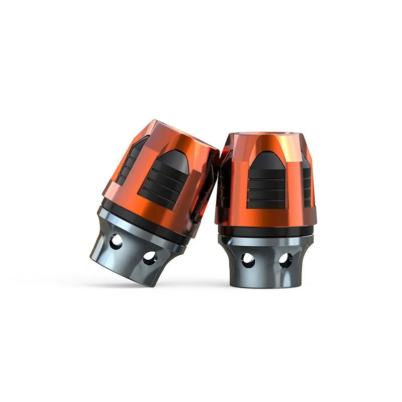 Pair of anodised aluminium alloy fork cups for electric car or motorcycle front axle.