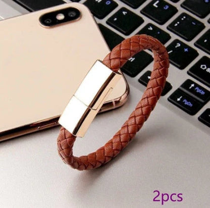 Stylish leather bracelet with built-in charging cable for smartphones and USB-C devices