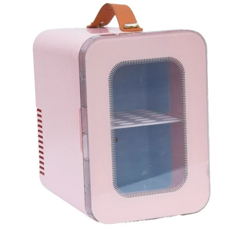 Pink mini refrigerator with transparent door showing 6L capacity for car and home hot cold dual use