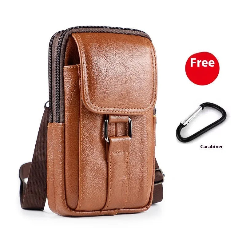 Men's genuine leather crossbody waist bag with lock feature and coin pocket in vertical square shape
