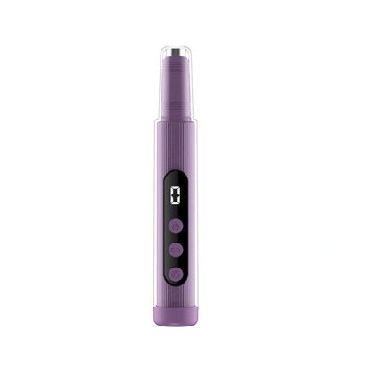 Blush pink electric nail grinder with LED light and six attachment heads on white background