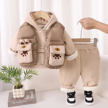 Boys' cotton three-piece suit with fleece lining, hooded top, trousers and vest in beige khaki or green black