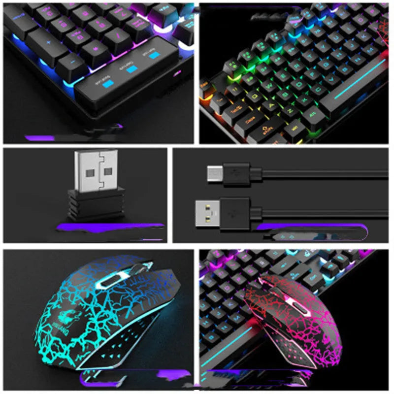 T3 wireless keyboard and mouse set with backlight on a desk, showing black chassis with orange lighting.