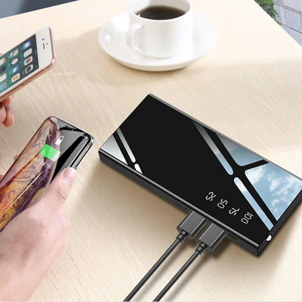 20000mAh power bank with LCD display showing battery percentage, measuring 140mm x 63mm x 22mm