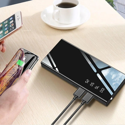 20000mAh power bank with LCD display showing battery percentage, measuring 140mm x 63mm x 22mm