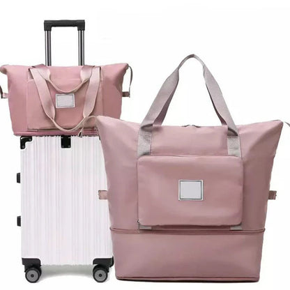 Stylish and spacious foldable travel bag for women, featuring a water-resistant Oxford cloth construction, multiple pockets, and convenient carrying options.