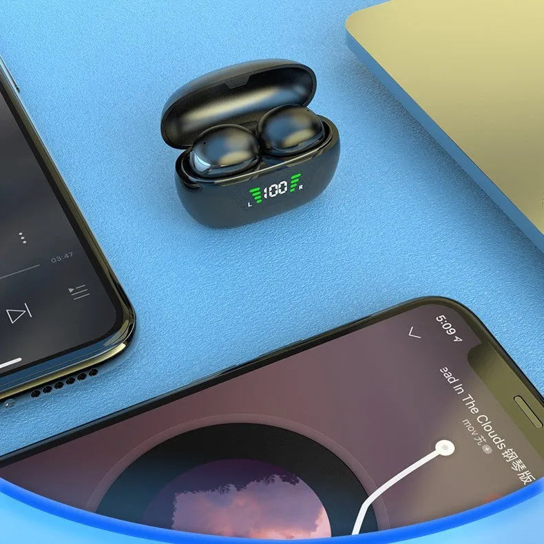Black Super Mini wireless Bluetooth in-ear headset with digital display screen.