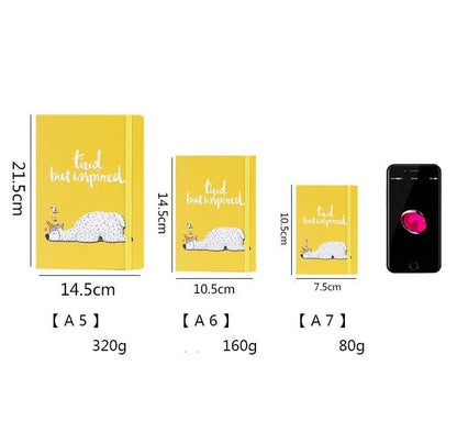 Alpaca cartoon design notebook in A5, A6, and A7 sizes showing yellow paper inside.