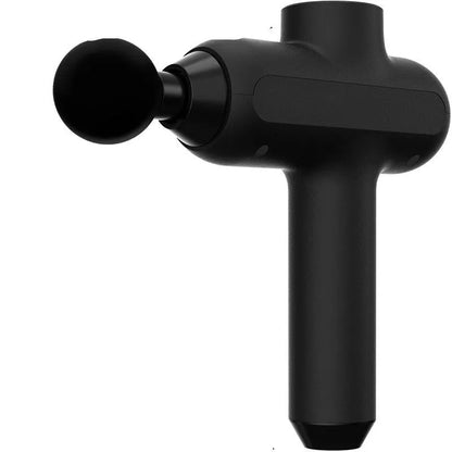 Black rechargeable muscle massager with six interchangeable heads measuring 25x20x6cm