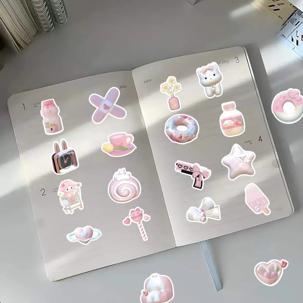 Pink girl heart 3D decorative stickers showing realistic dimensional effects and adhesive backing