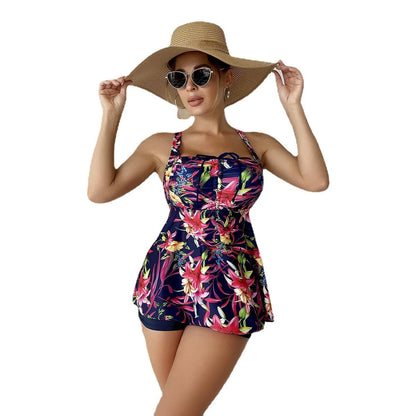 Women's skirt-style swimsuit with printed tangini floral pattern in blue