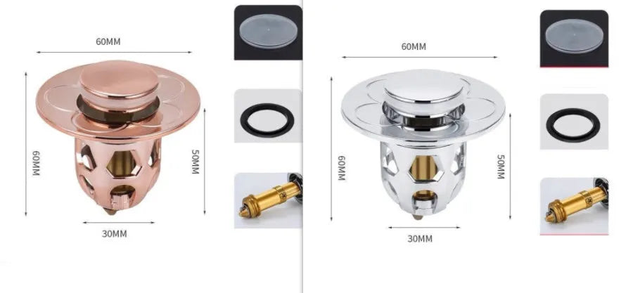 Copper core bouncing washbasin drain plug with universal 1.1-1.5 inch head in metallic finish