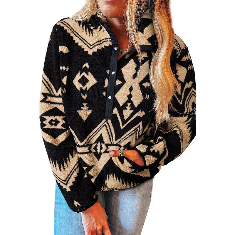 Women's loose long sleeve polyester top with zip, medium thickness, 50cm length, sizes S-XL