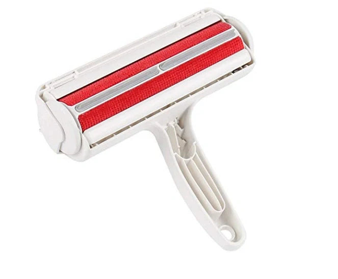 Efficient pet hair remover tool in red and blue for furniture and carpets