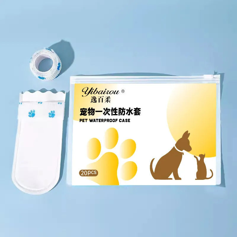 White disposable waterproof shoe covers for dogs in S and M sizes, 20 per pack