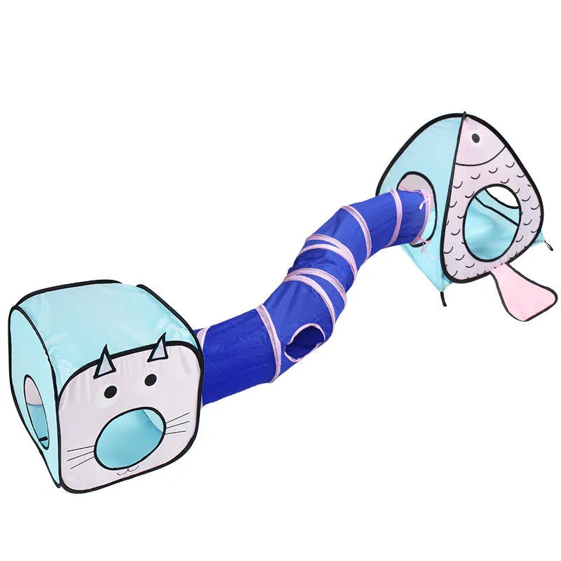 Collapsible grey pet tunnel with cat and fish graphic, shown folded and unfolded