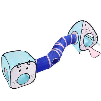 Collapsible grey pet tunnel with cat and fish graphic, shown folded and unfolded