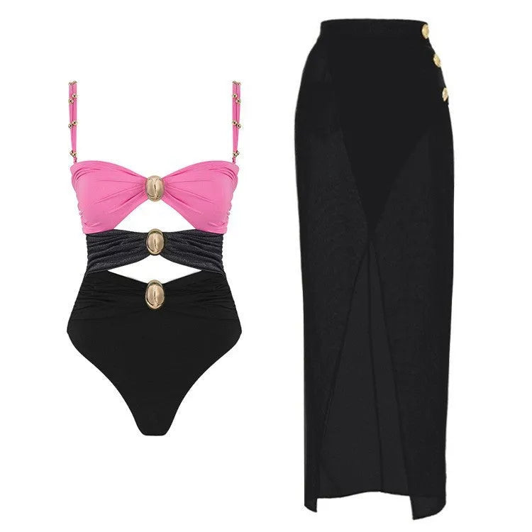 Women's one-piece swimsuit with round buckle decoration and hollow-out stitching, sleeveless design made from nylon fabric, available in multiple colour combinations including green, pink, black, brown and blue splits, suitable for swimming and wading.
