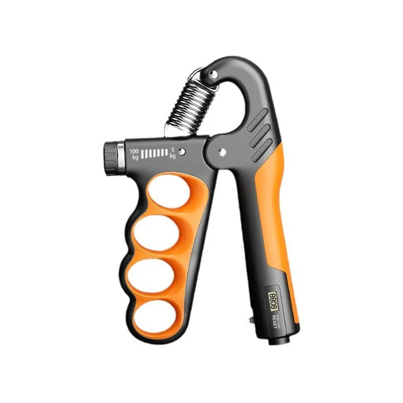 Adjustable electronic spring hand grip trainer with digital counter display in grey, orange, and red colours.