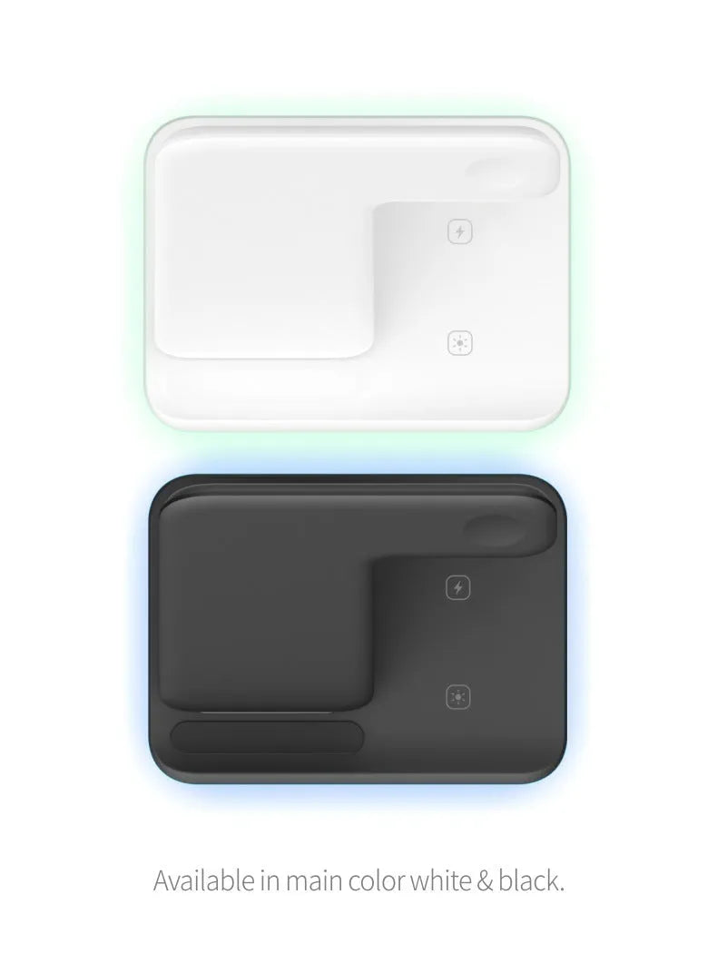 Three-in-one 15W wireless charging stand for mobile phone, smartwatch and earbuds in black