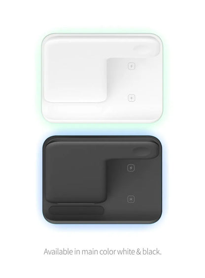 Three-in-one 15W wireless charging stand for mobile phone, smartwatch and earbuds in black