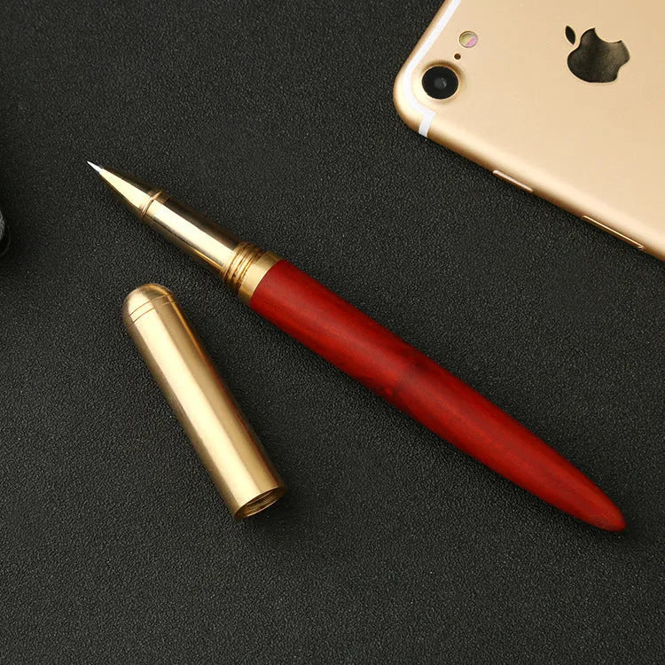 Brass and sandalwood signature pen with wood grain detail showing length and width dimensions